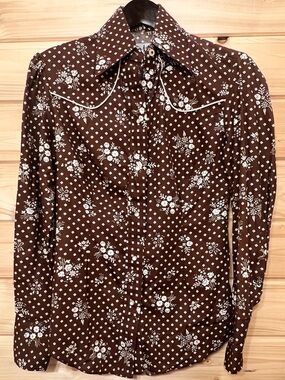 Vintage 70s Tem Tex Western Pearl Snap Shirt Brown Floral Women’s Size 34 USA